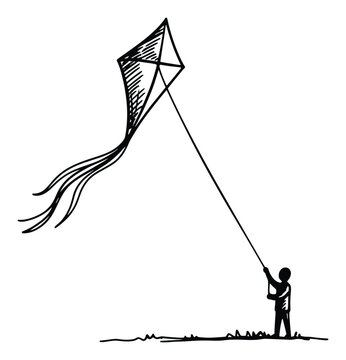 Child flying a kite sketch representing summer fun and freedom for educational graphics