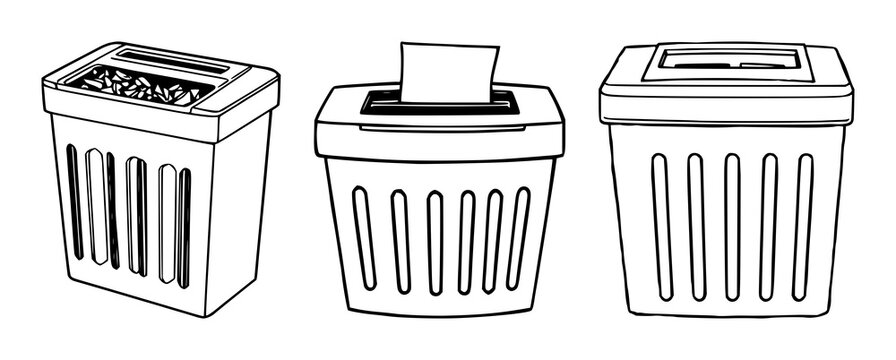 Paper shredder set with black line art illustration on white background featuring shredder, office equipment, security, document protection with machine and tool