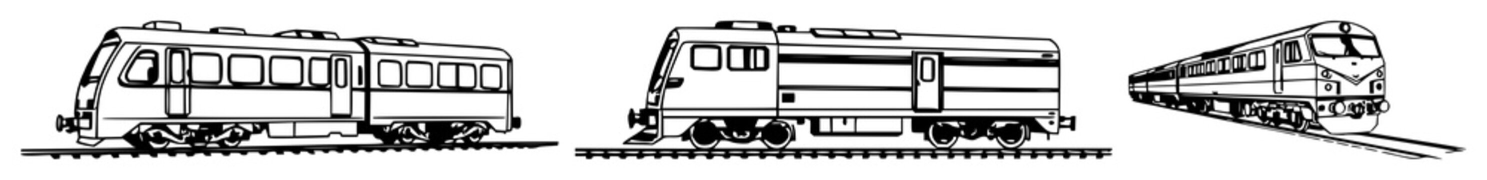 Train set with single black line art illustration on white background featuring locomotive, tracks, freight with minimalist style and graphic illustration