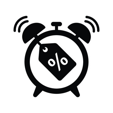 Alarm clock icon ringing with percent symbol on price tag attached to the center.