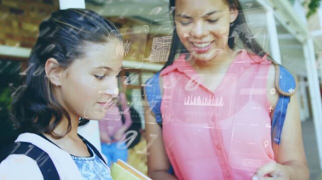 Two students sharing phone screens after approach in school corridor, UI icons animating over hands