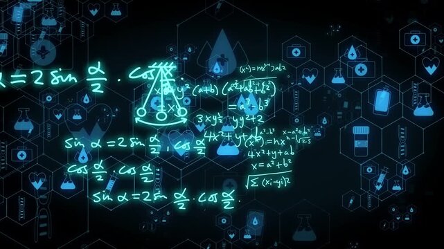 Teal formula appearing, glowing equations expanding and shifting to highlight math in medical grid