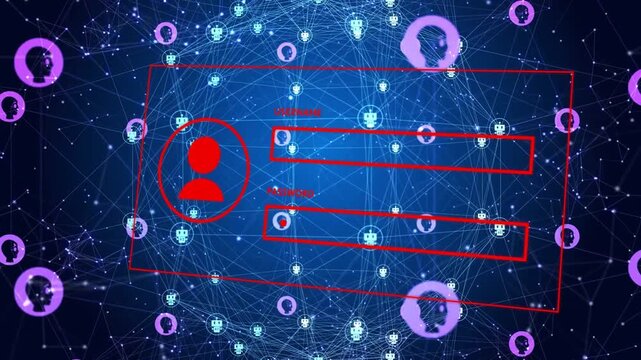 Network activating red login card rotating while user filling and pass masking nodes pulsing auth