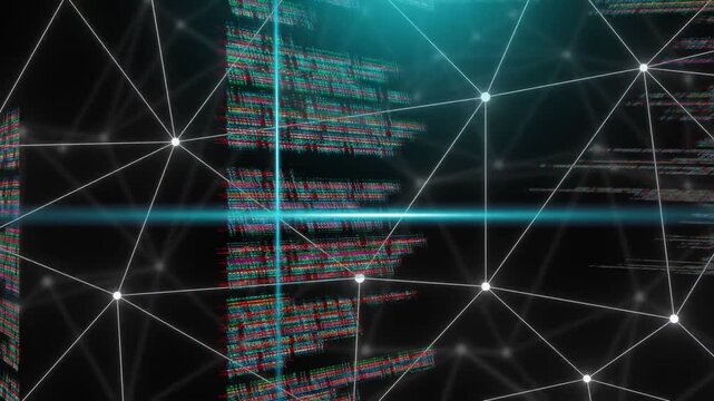 Cyan crosshair sweeping, causing camera drawing nearer, central code column scrolling, showing data