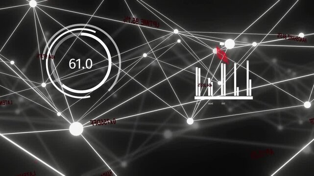 Live data feed initiating camera panning, network nodes pulsing, gauges updating showing metrics