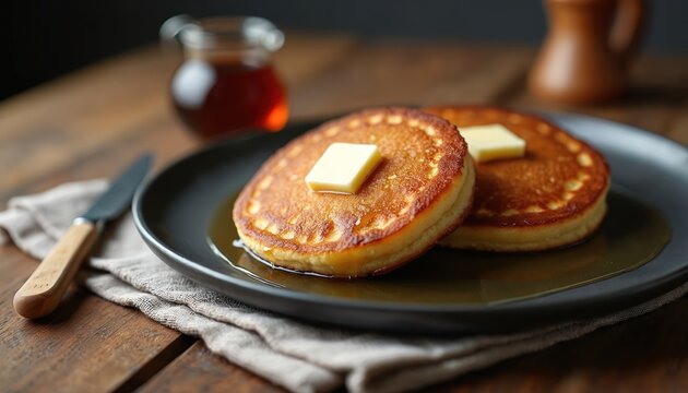 Golden brown pancakes with butter and syrup served on a dark plate. A small pitcher of syrup sits nearby on a rustic wooden table, knife and napkin on the side.