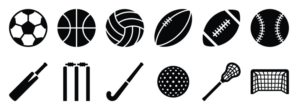 Sporting equipment icons for diverse athletic activities, game interfaces, and team merchandise graphics