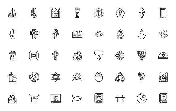 Religion icon set. Church, mosque, synagogue, Bible, Quran, cross, menorah and more. Minimal vector line pack for faith, worship and spirituality.