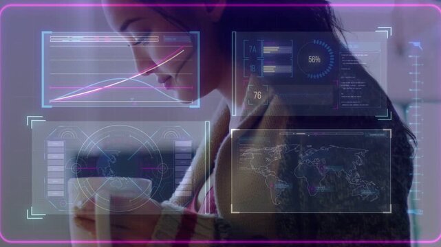 Woman holding mug while scanning phone, AR charts floating over phone highlighting data for tech