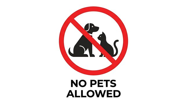 Prohibition sign indicating that pets are not permitted, displayed clearly with a red circle and slash over silhouettes of a dog and cat
