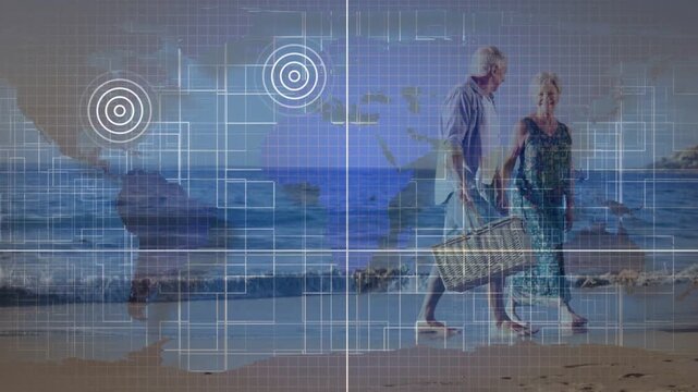 Couple starting walk along shore, carrying picnic basket for outing, grid overlaying couple, travel