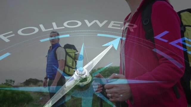 Two hikers reacting to compass overlay appearing on trail, woman stepping forward aligning arrow