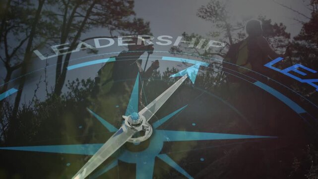 Sun moving causing compass needle aligning to LEADERSHIP guiding two hikers walking trail