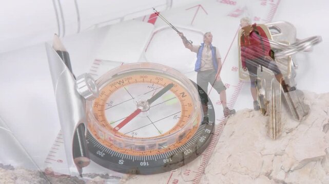 Compass and map staying central, overlay fading in, showing hikers pointing and planning navigation