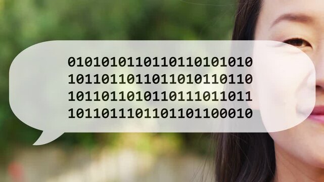 Mature woman smiling as bubble appearing beside filling binary and shrinking into icon showing tech