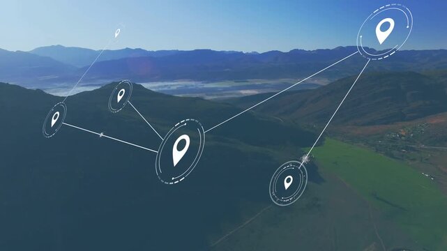 Geolocation HUD network appearing from single marker, expanding and connecting to map valley