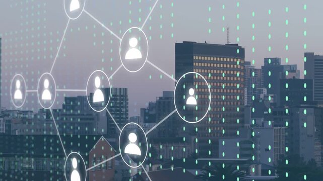 White user icon popping, network growing, nodes joining, turquoise dots falling, showing city links