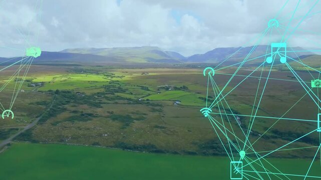 Turquoise wireframe network emerging from right, expanding and connecting icons to map field data
