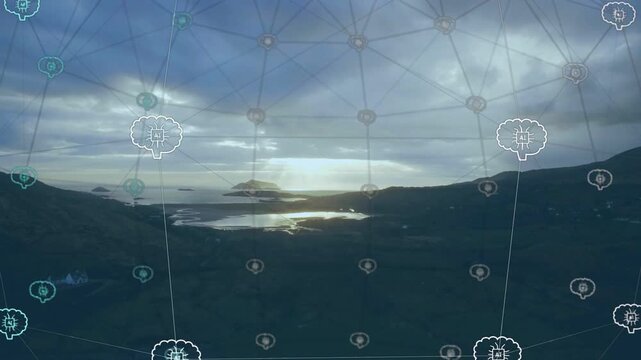 On first frame network overlay appearing over coast, nodes lighting, lines descending, showing flow