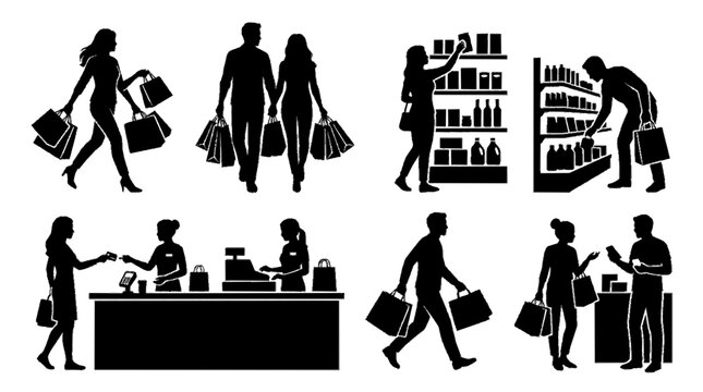 Silhouettes of people shopping carrying bags browsing shelves and interacting with cashier in retail store setting