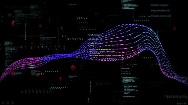 Dotted ribbon entering left edge, rolling and cresting while code scrolling, visualizing data flow