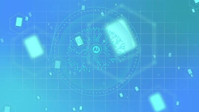 AI emblem pulsing, device icons entering edges, drifting, heartbeat syncing, showing health data