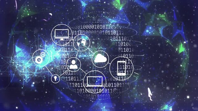 Timeline moving cloud icon pulsing bits scrolling devices popping and linking showing network flow