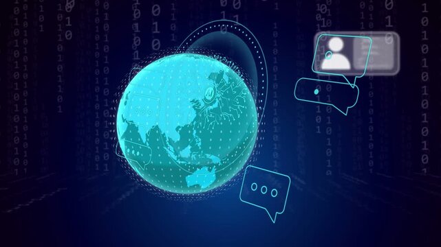 AI emblem anchoring globe entering right cards appearing bubbles linking showing global AI exchange