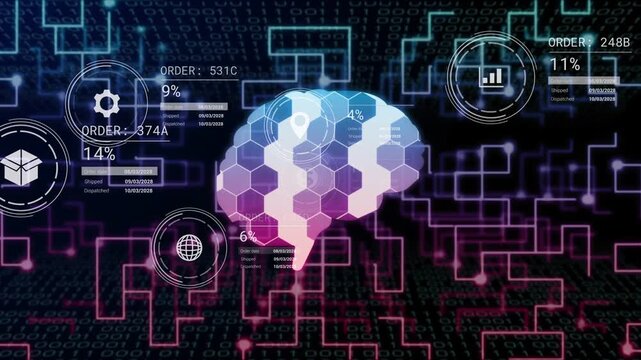 Central brain receiving data, HUD widgets animating from left, updating percents to show orders