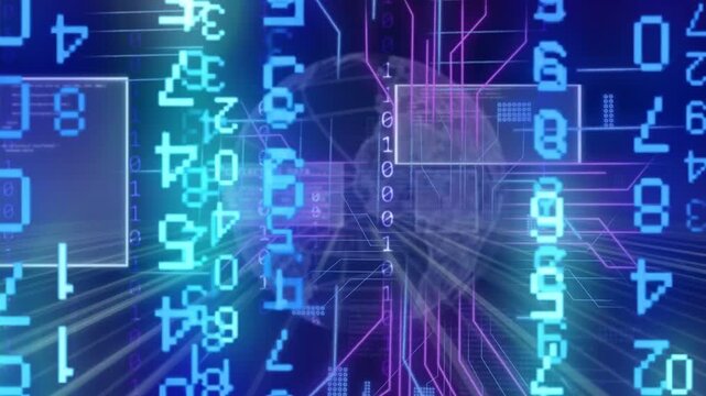 Neon lines appearing, joining translucent globe, forming grid, digits cascading, showing data flow