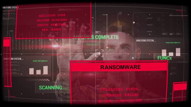 Tech raising hand starting bio scan verifying access; clear HUD showing blue tiles and ransomware