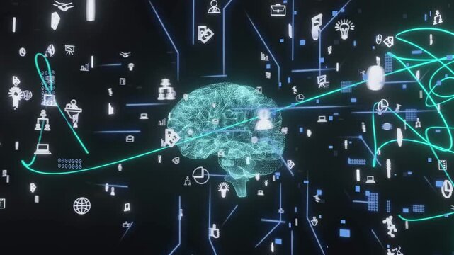 Teal wireframe brain rotating, pulsing, green ribbon entering left linking icons to show data flow