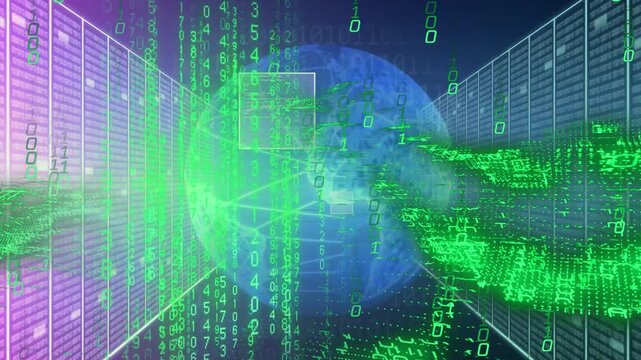 On start blue globe emerging while neon binary falling and ribbon flowing, representing data flow