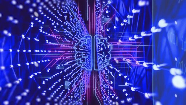 Nodes forming tunnel starting neon brain pulsing and circuit traces spreading, showing data surge