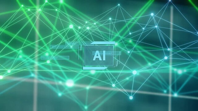 Camera zooming and centering AI chip, starting network filling, nodes moving, panels sliding