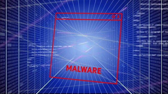 Red malware window showing in blue grid tunnel, glitching into fragments, ribbon sliding, warning