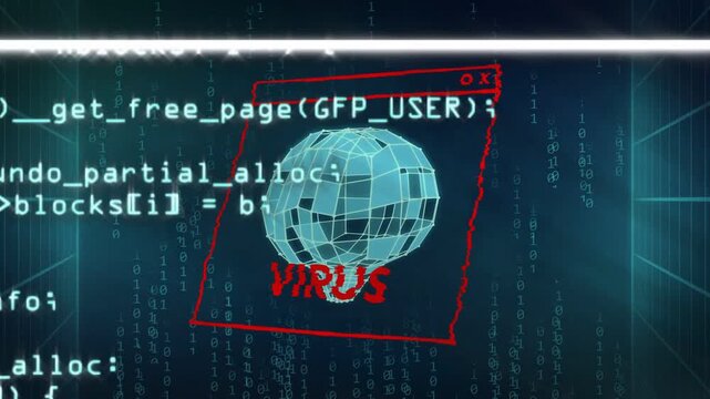 Upon virus detection sphere in red alert frame glitching breaking code scrolling signaling malware