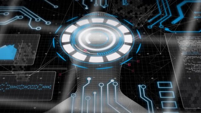 Ring activating, wireframe head turning while camera rising and panels animating for neural scan