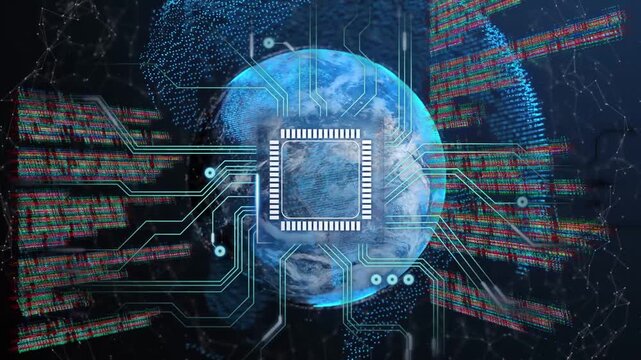 Microchip lighting initiating data bands and circuits blue Earth rotating showing global data flow