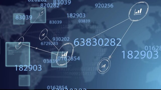 Single node appearing over world map, nodes linking, panels shifting, visualizing network