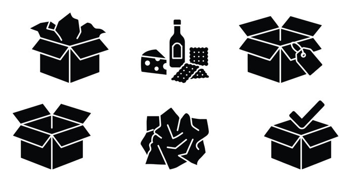 Collection of delivery box icons showcasing packaging, gift presentation, product contents and completed order status