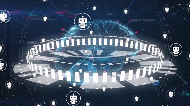 Holographic brain and segmented ring rotating and pulsing when robot icons near, forming network