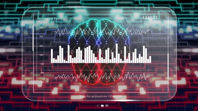 Rounded HUD with neon brain and bar chart animating after data pulse, visualizing processed entries