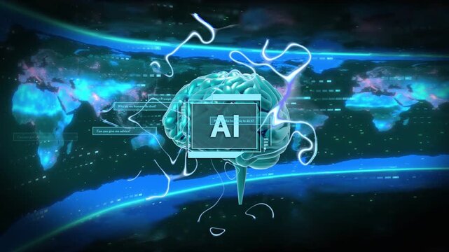 AI module pulsing, teal brain floating, sending tendrils, spawning chat panels, visualizing data