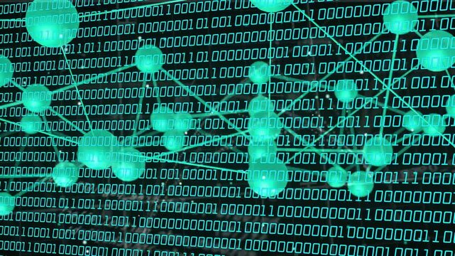 Turquoise 3D network translating and rotating on camera pan, nodes revealing cluster relationships