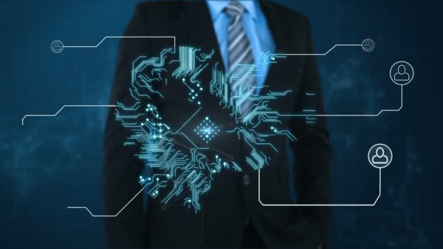 Man pointing finger at chest hologram, wire arm aligning, forming tech brain network, showing links