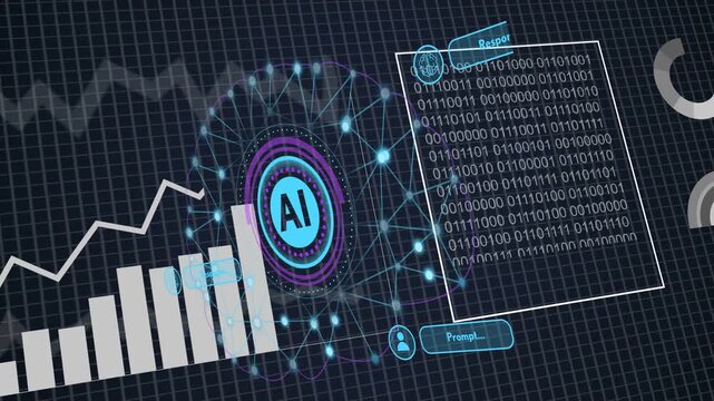 AI emblem appearing neural web lighting bars rising line rising 01 overlaying panning showing data