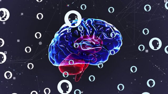 On start, 3D brain rotating, tilting while head icons orbiting, network pulsing showing connection
