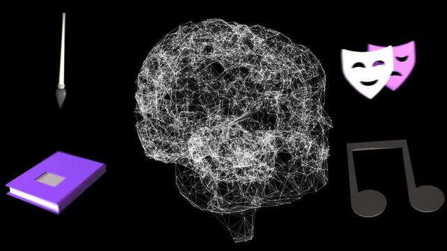 On play wireframe brain rotating, masks alternating, brush tilting, pen shifting to show creativity