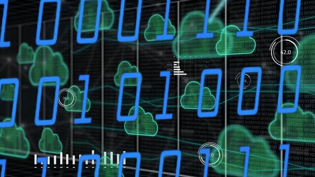 On startup data overlay growing over racks, clouds multiplying and linking, showing network load
